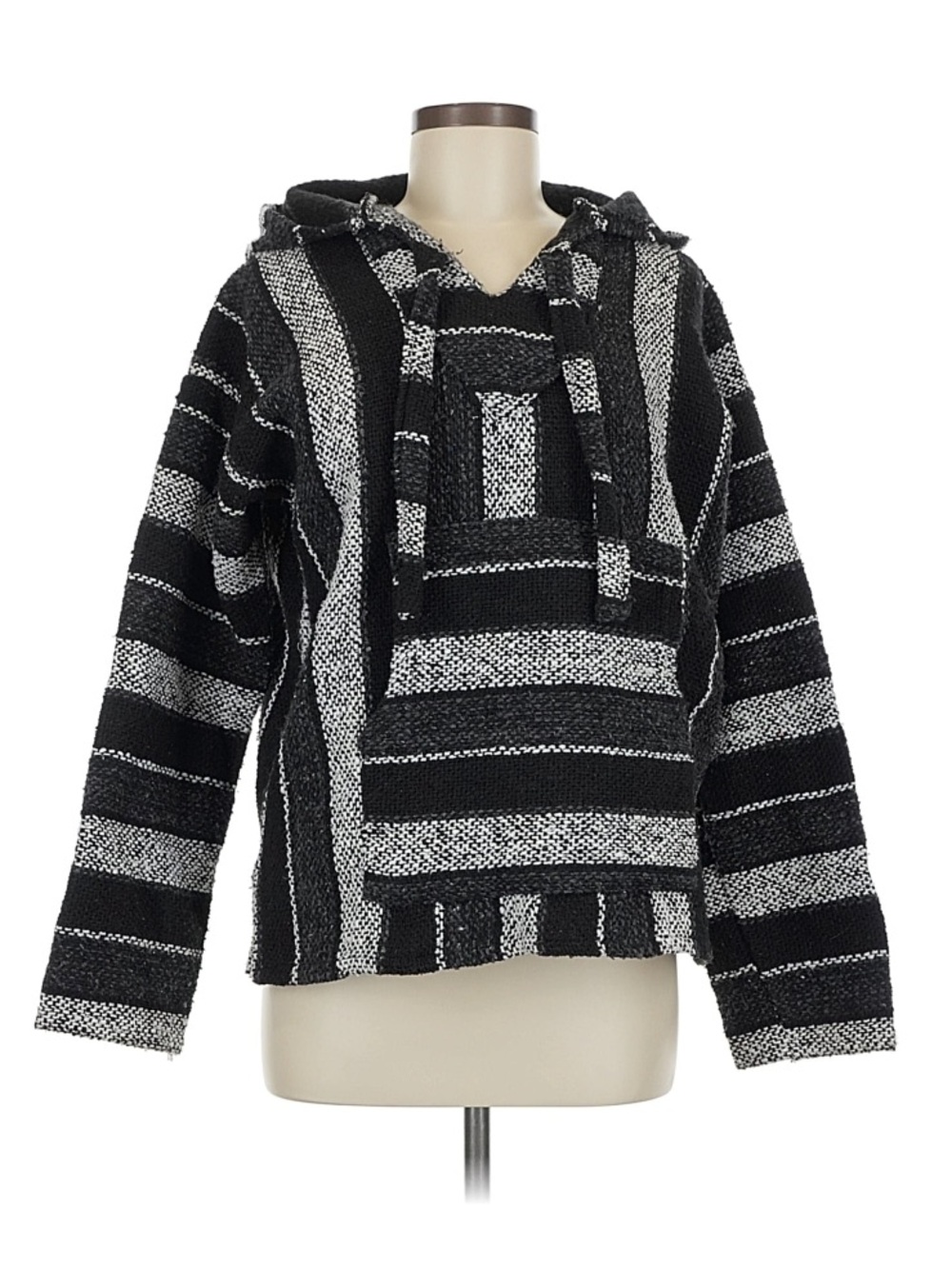 Artesanias Black & White Striped Baja Hoodie Pullover Sweatshirt Size M Unisex